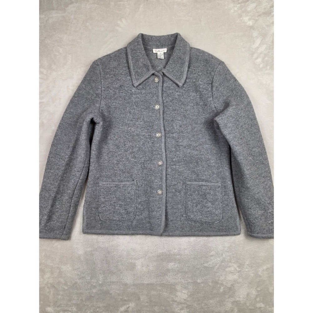 Talbots Cardigan Sweater Women M Gray 100% Wool Button Front Pocket Jacket Read